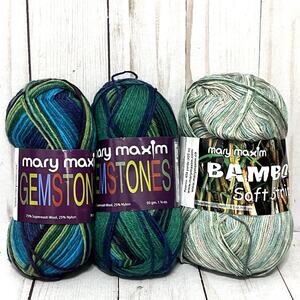 Mary Maxim Gemstones Aquamarine & Bamboo Soft Stripes Yarn Lot of 3
